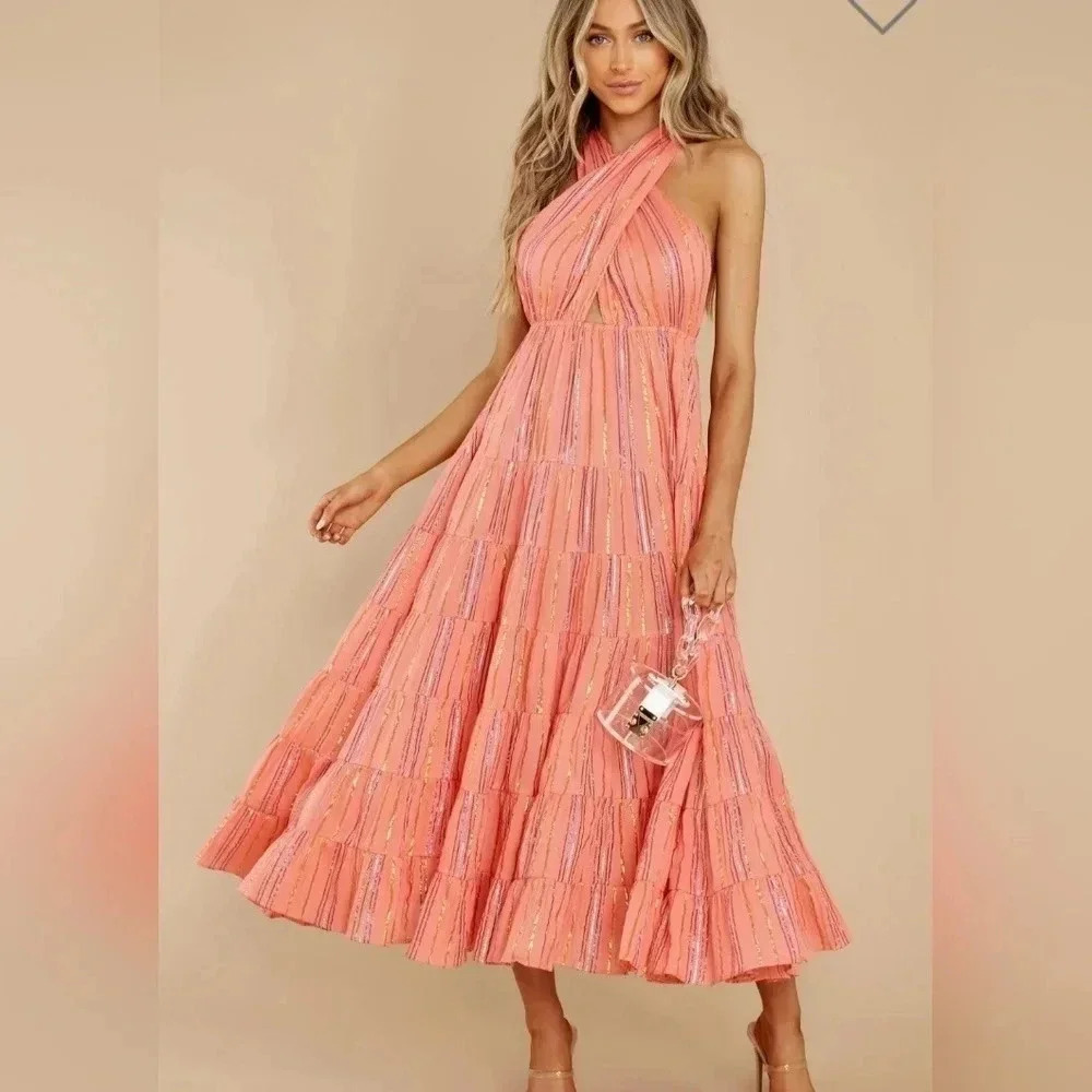SUNDRESS Suzie Maxi Dress Sao Paolo Rainbow Metallic Stripe Pink Size Large  NWT